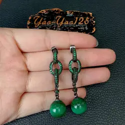 YYGEM Natural Genuine round Green Malachite Green cZ pave gunmetal plated Loop Stud Earrings luxury for women