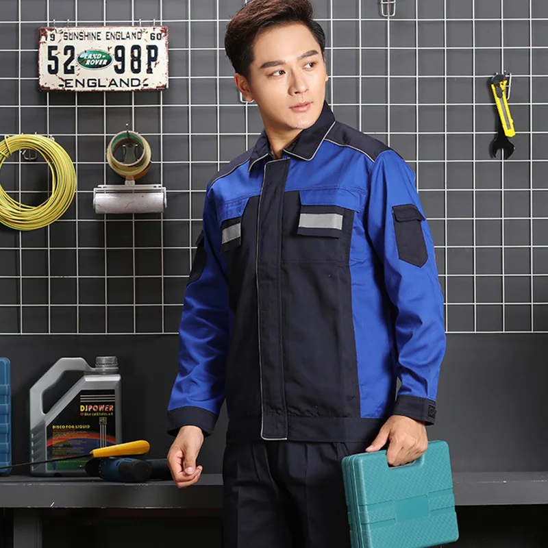 Męski i damski zestaw odzieży roboczej odblaskowej na wiosnę i jesień 2020, odporne na zużycie kombinezony, uniformy do warsztatu samochodowego i fabryki.