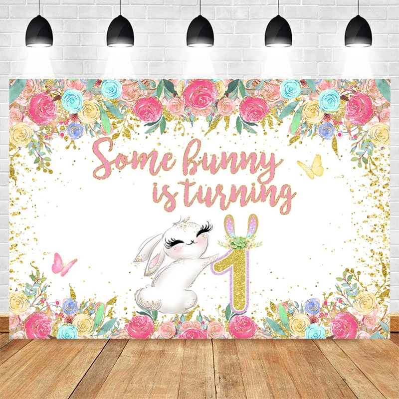 

Mocsicka Birthday Party Background Cute Rabbit Flower Bush Photo Backdrop Decoration 1st Photography Banner