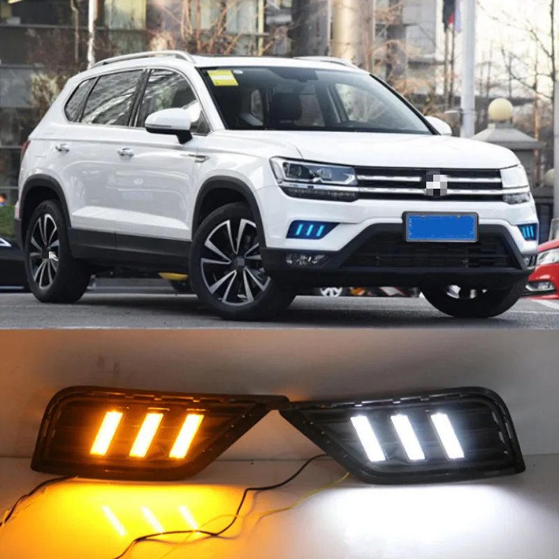 

1 пара светодиодный DRL Дневной светильник s для Volkswagen VW тару 2019 с желтым сигналом поворота колпак противотуманных фар; Темно-синие