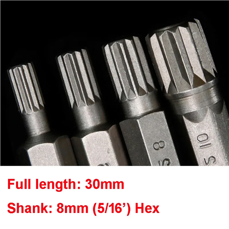 3pcs/lot 30mm Full Length Torx Screwdriver Bits 12 Point Spline 8mm 5/16\' Hex Shank Impact Star Bit M5 M8 M10 S2 Alloy Steel