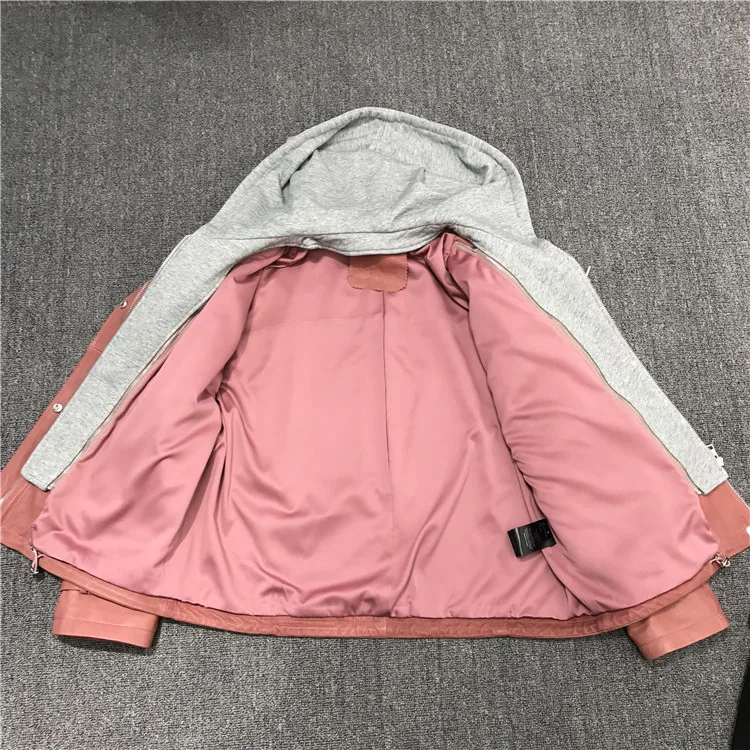 2020 Spring autumn Fashion women\'s hooded Pink color genuine leather jackets brand new high quality loose leather coat B637A