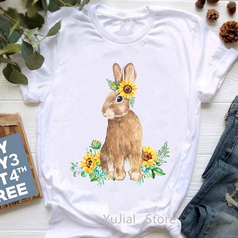 Summer Fashion Women T-Shirt Funny Rabbit Bunny Flowers Animal Print Tshirt Femme Harajuku Shirt Kawaii Clothes T Shirt Female