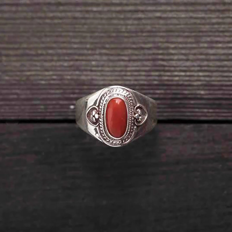 Bague en argent incrusté de tourmaline rouge du sud pour dames, bijoux ajustables, design unique, rétro, style ethnique, reconditionné à la main