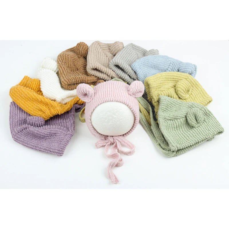 New Arrival Baby Photography Hat Rabbit Fur Pompom Infant Autumn Winter Corduroy Hats Bear Caps Newborn Photo Props