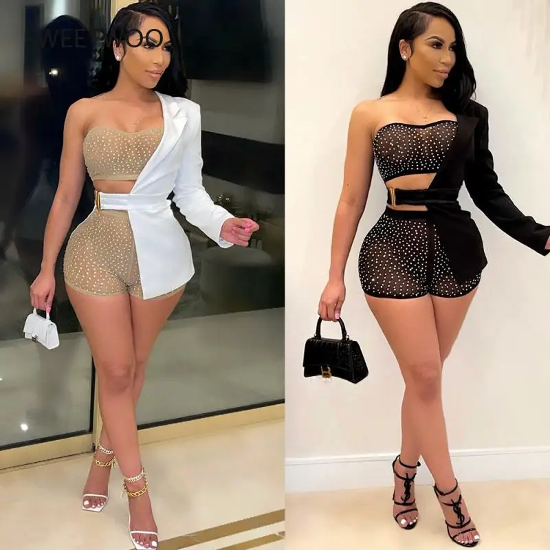 

Sexy Black Crystal Three Pieces Shorts Set Women One Sleeve Jackets and High Waist Shorts Special Club 3 Pieces Outfits