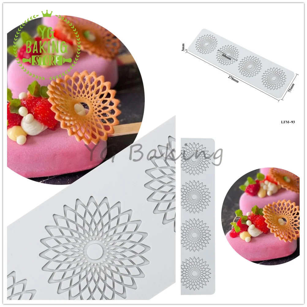 Dorica 4 Cavities Kaleidoscope Design Cake Lace Mat Fondant Impression Border Cake Decorating Tools Silicone Mold Bakeware