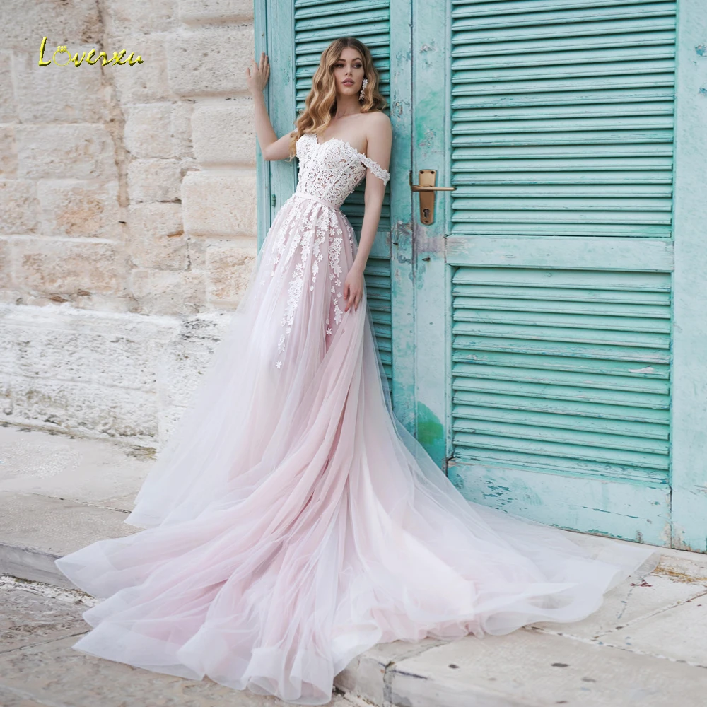 Loverxu A-Line Romantic Wedding Dresses Strapless Off The Shoulder Vestido De Novia Lace Appliques Boho Custom Made Bridal Gown
