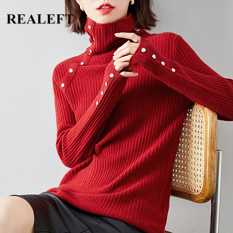 REALEFT 2021 Autumn Winter Women's Sweater Fashionable Turtleneck Buttons Long Sleeve Solid Color Casual Knitting Sweater Tops