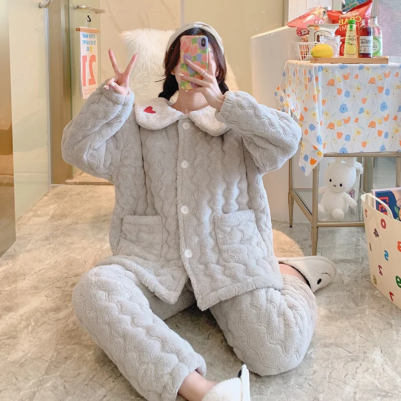 Winter New Thick Nightwear Women Thick Coral Velvet Quilted Pajamas Homewear Three Layer Pyjamas Ladies Flannel Sleepwear Set