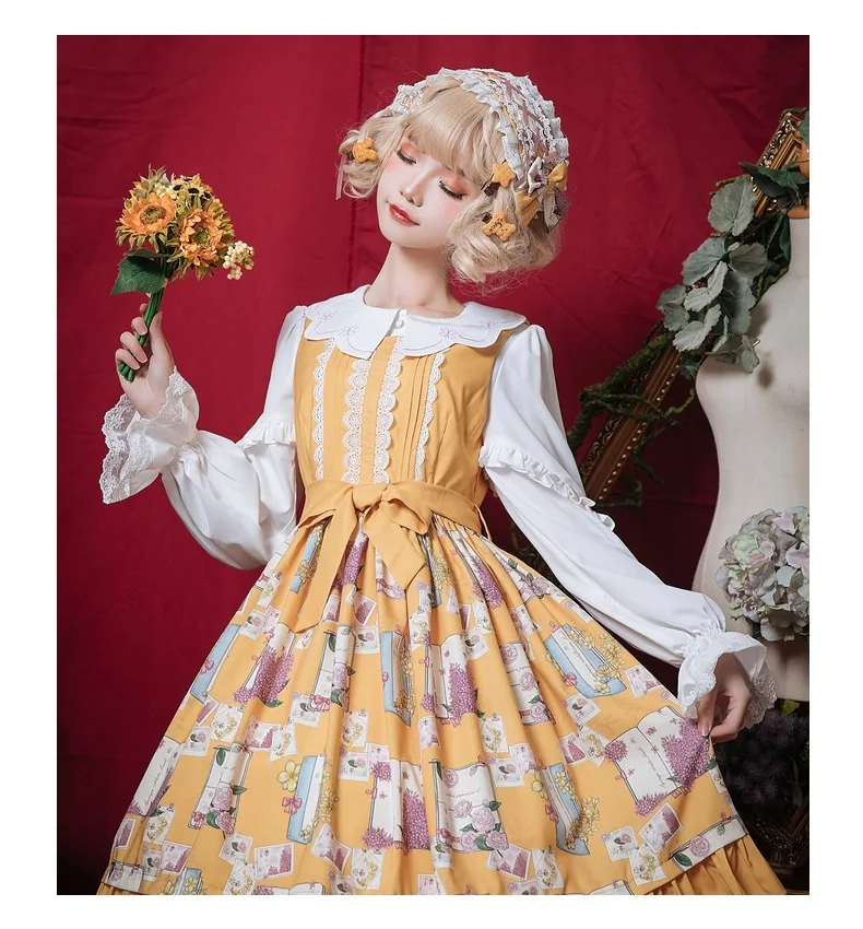 Sweet lolita strap dress vintage  bowknot cute printing high waist princess victorian dress kawaii girl gothic lolita cos loli