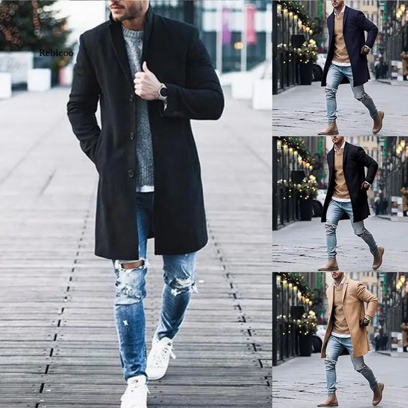 

New Arrival Winter Fashion Men Slim Fit Long Sleeve Cardigans Blends Coat Jacket Suit Solid Mens Long Woolen Coats