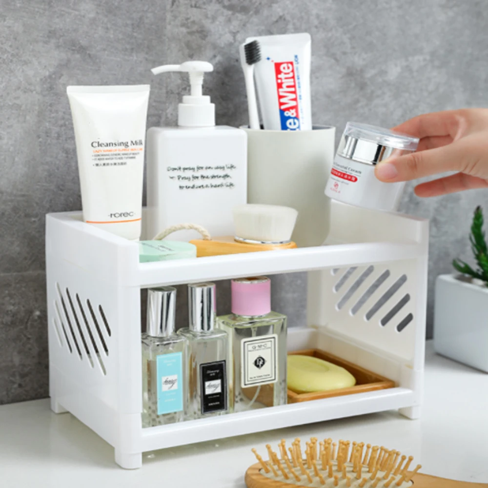 

Double Layer Desktop Storage Shelf Bathroom Makeup Shelves Organizer Table Stationery Sundries Holder Kitchen Spice Rack