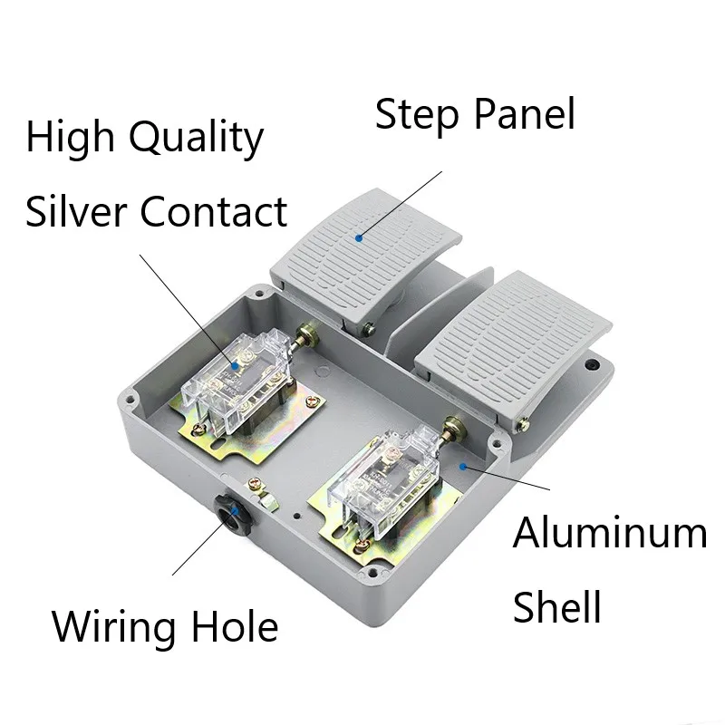 YDT-16 Double Foot Switch Silver Copper Contact Reset Latching Aluminum AC380V DC220V Foot Pedal Switches 10A