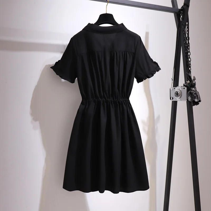 New Ladies Summer Plus Size Dresses For Women Large Short Sleeve Loose Cotton Belt Black Pleated Mini Dress 3XL 4XL 5XL 6XL 7XL