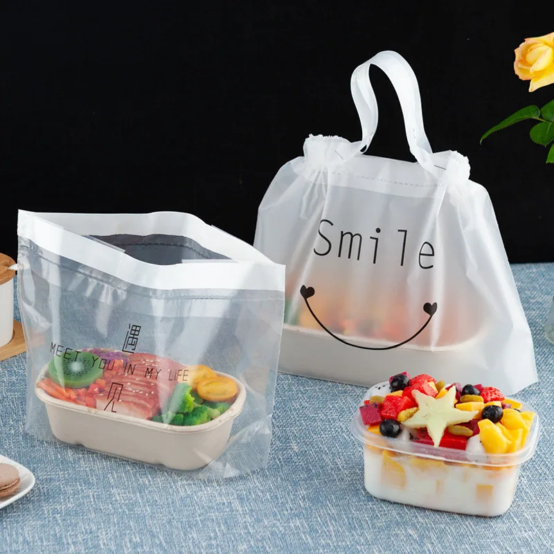 50pcs Transparent Frosted Plastic Drawstring Takeaway Food Packaging Salad Cake Storage Bag With Handle