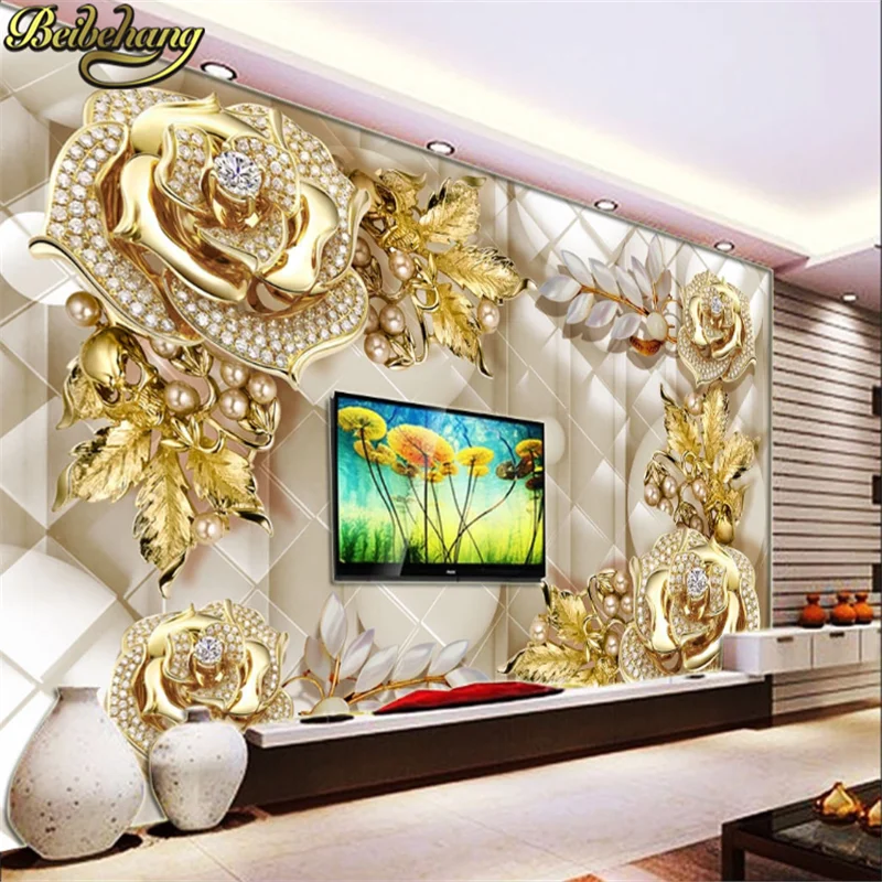 

beibehang papel de parede 3d photo living room Golden jewelry flowers TV background wall paper bedroom wallpaper large murals