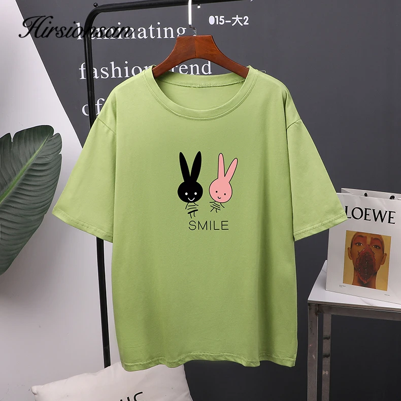 Hirsionsan Cartoon Printed Cotton T Shirt Women 2025 New Hot Korean Kawaii Short Sleeve Tshirts O Neck Tees Casual Girls Tops