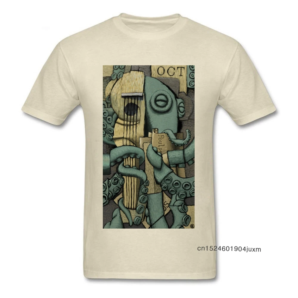 Vintage Octopus Tshirt Man Georges Braque T-shirt Artist Designer T Shirt Guitar Lover Monster Tops Mens Beige Tees Cotton