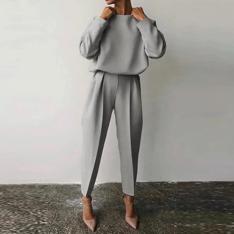 Women Elegant Solid Color 2 Piece Sets Casual O Neck Pullover Tops And Long Pants Suit Ladies Fashion Loose Outfits Streetwear