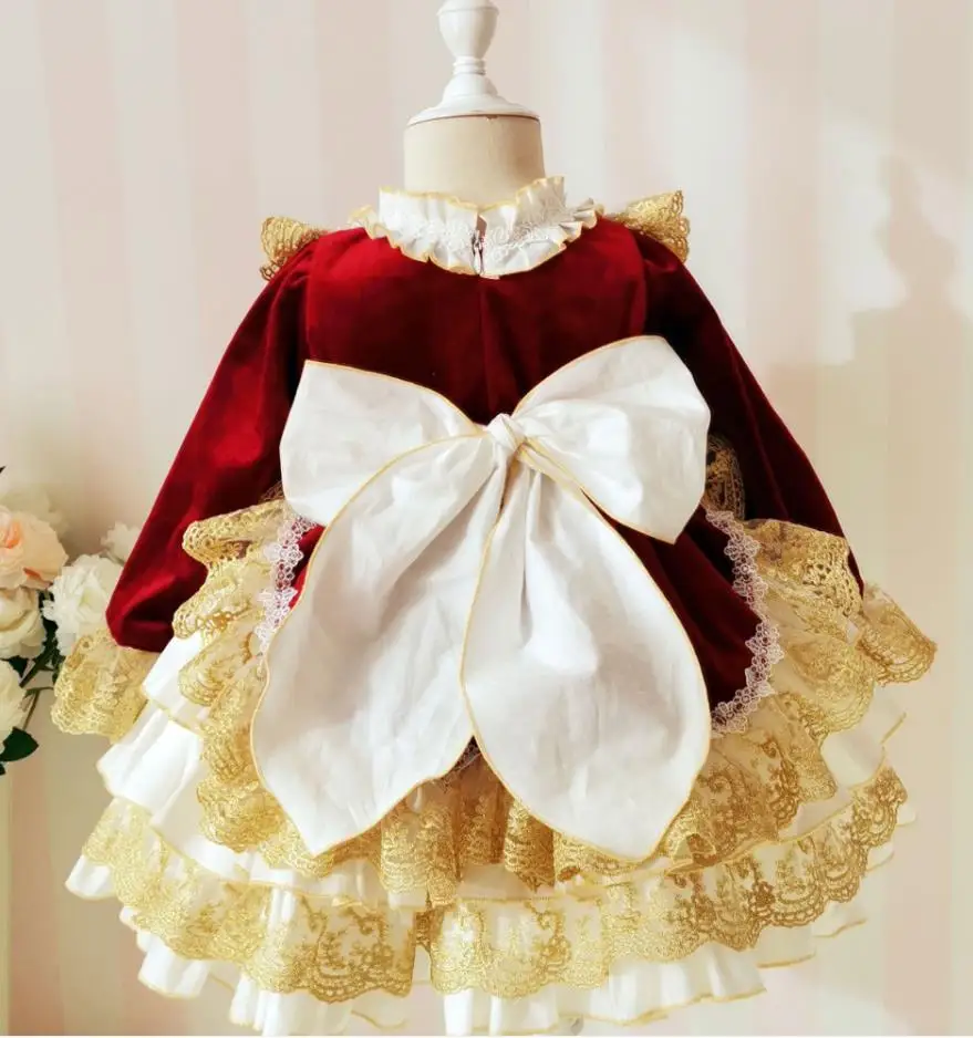 Spanish court  style baby girl velvet princess kids lace stitching party birthday ball gown dress