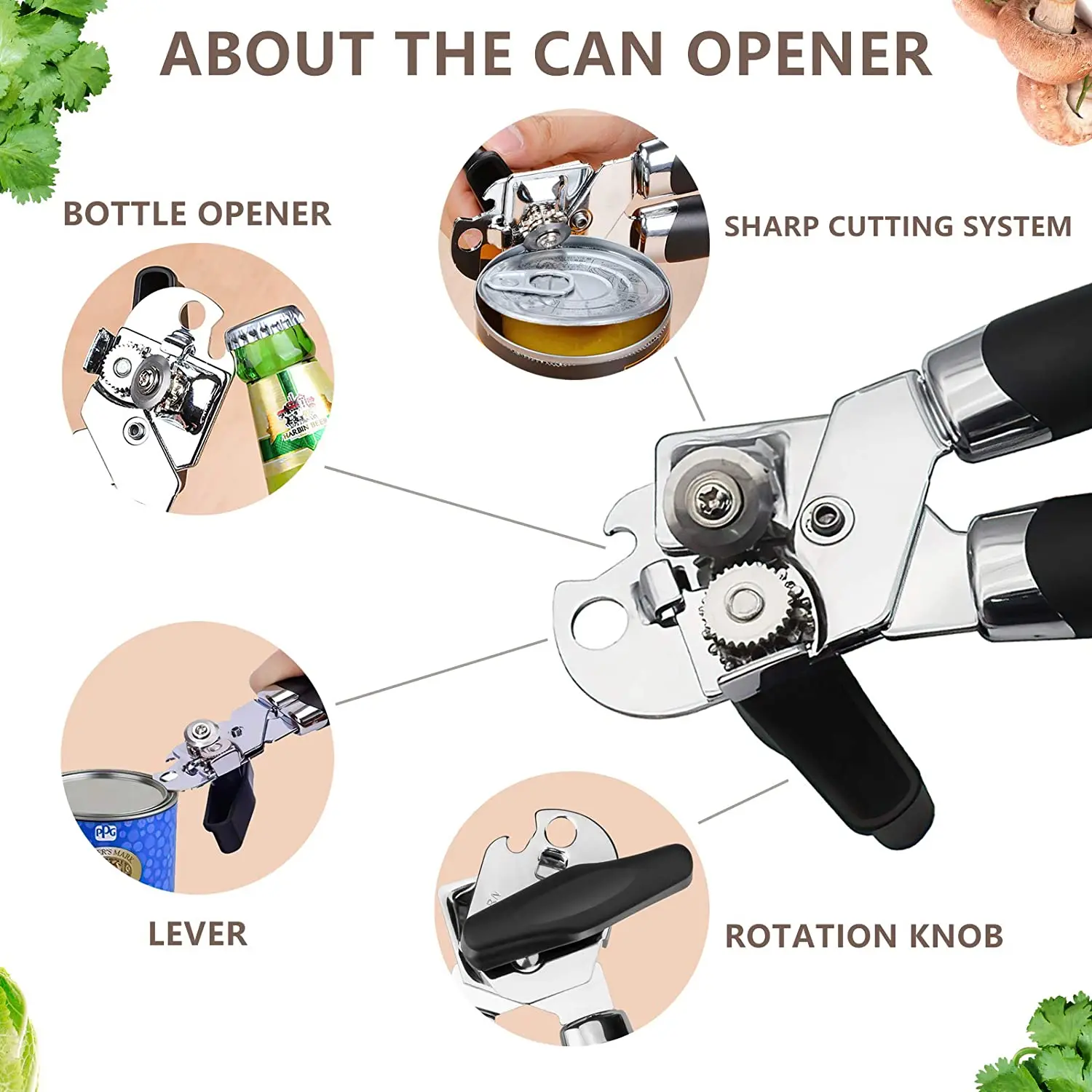 Abridor de latas Manual profesional, Abrebotellas multifuncional de acero inoxidable, utensilios de cocina para cerveza, corte lateral