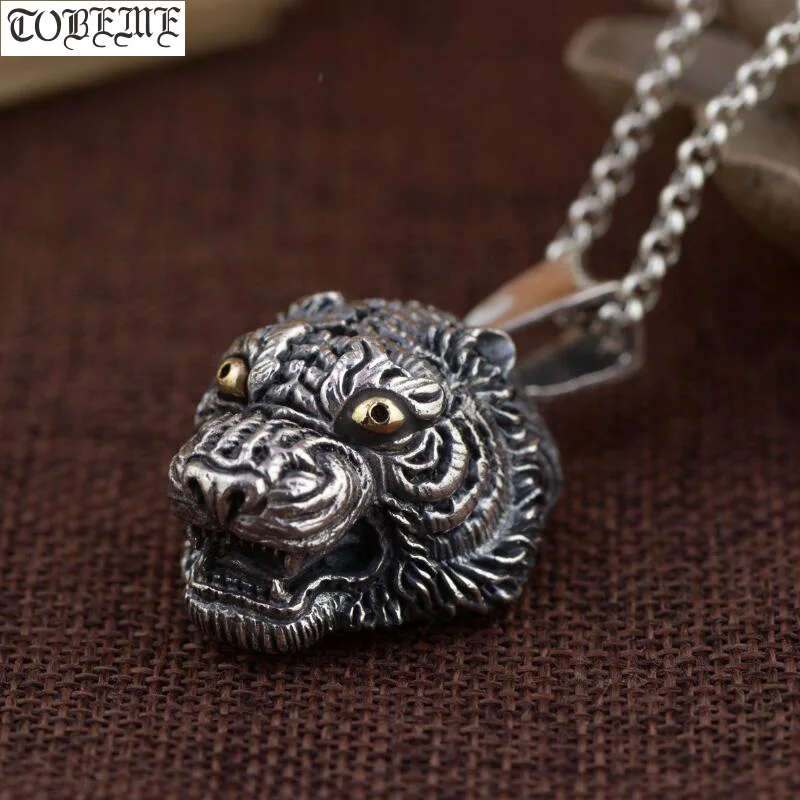 Real 925 Silver Handcrafted Tiger Head Pendant Necklace 925 Sterling Power Tiger Man Pendant Good Luck Pendant Punk Jewelry