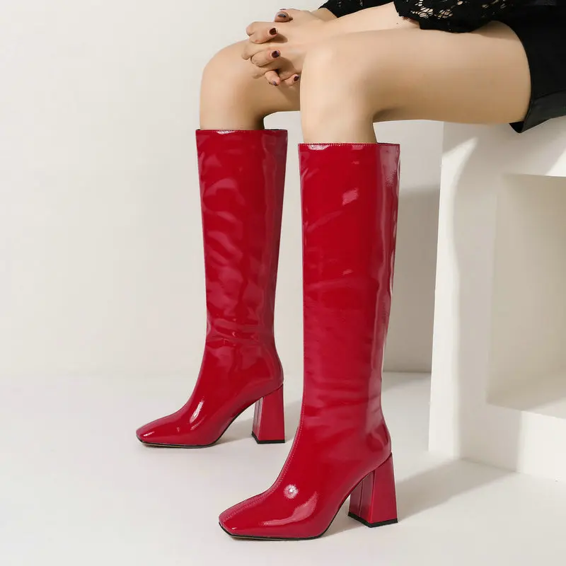 Brand Design Square Toe Knee High Boots Women Fashion Mirror Leather Thick Heel Long Boots Women Pop Winter New Shoes Purple