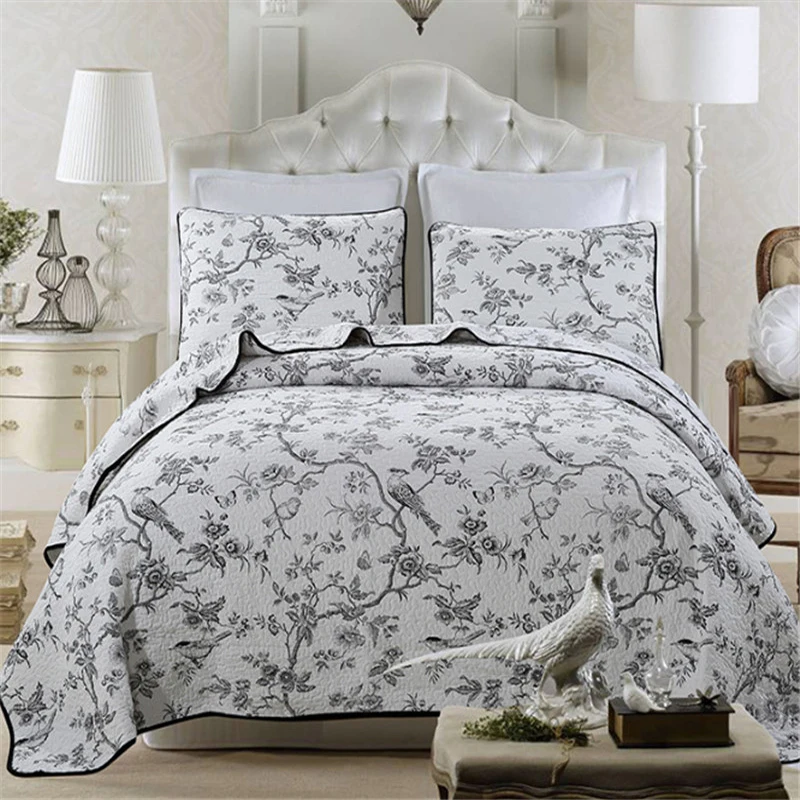 

Leaves Birds Branch Printing Queen size Vintage Chic Bed Spread Sets 3 Piece Comfy Cotton Home Chic Bedspread Quilt Bedding Sets