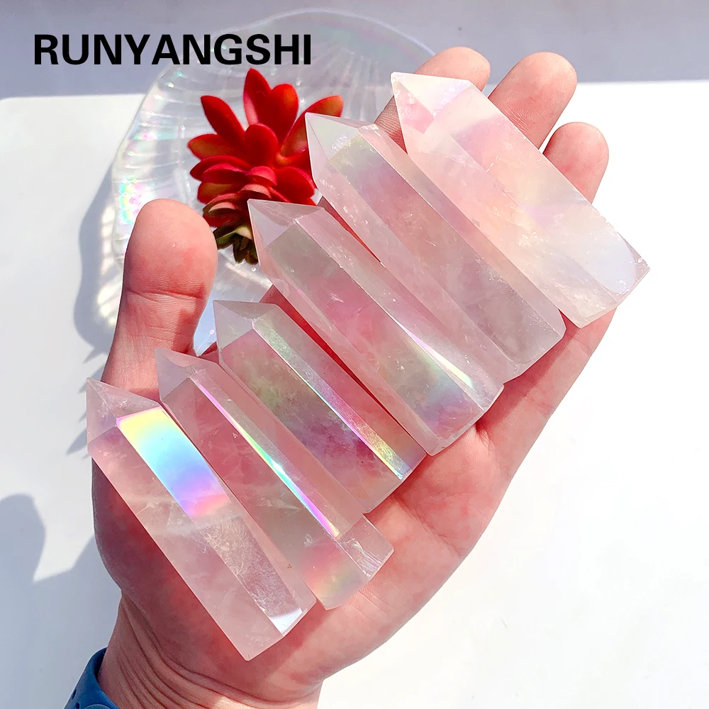 Runyangshi Natural Stones Crystal Point Wand Rose Quartz Healing Gem Electroplate Angel Aura Home Decoration