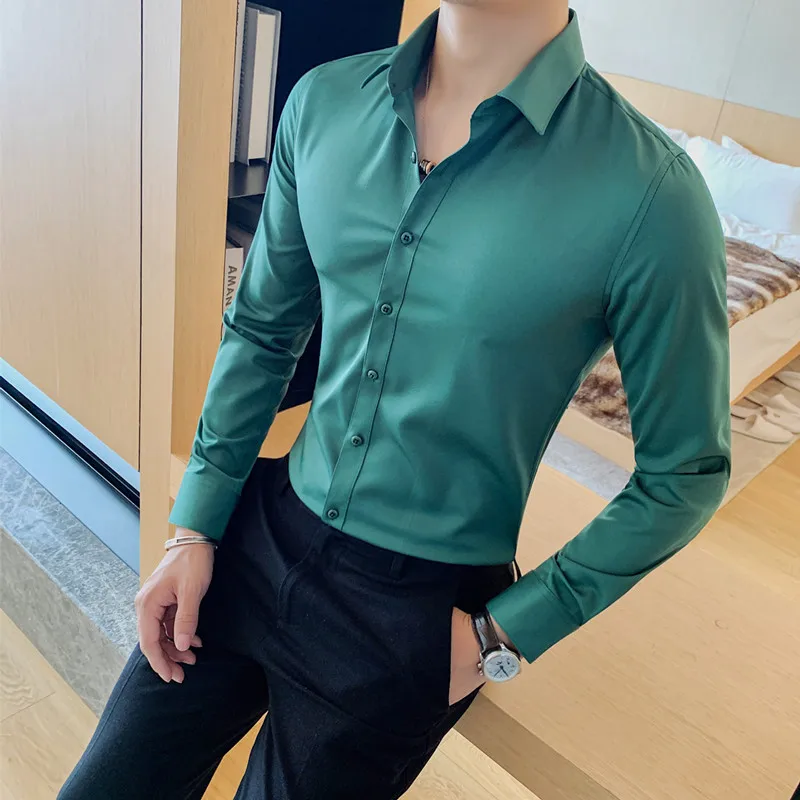 Plus Size S-7XL High Quality Men Dress Shirt 2021 Autumn Long Sleeve Solid Business Slim Shirts Black White Green Social Shirt