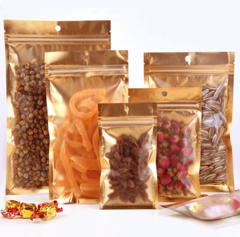 100 sztuk złota mylarowe zamki błyskawiczne torby z folii aluminiowej trwałe folia metaliczna Mylar płaskie torba na zamek błyskawiczny dla cukierków i do pakowania żywności