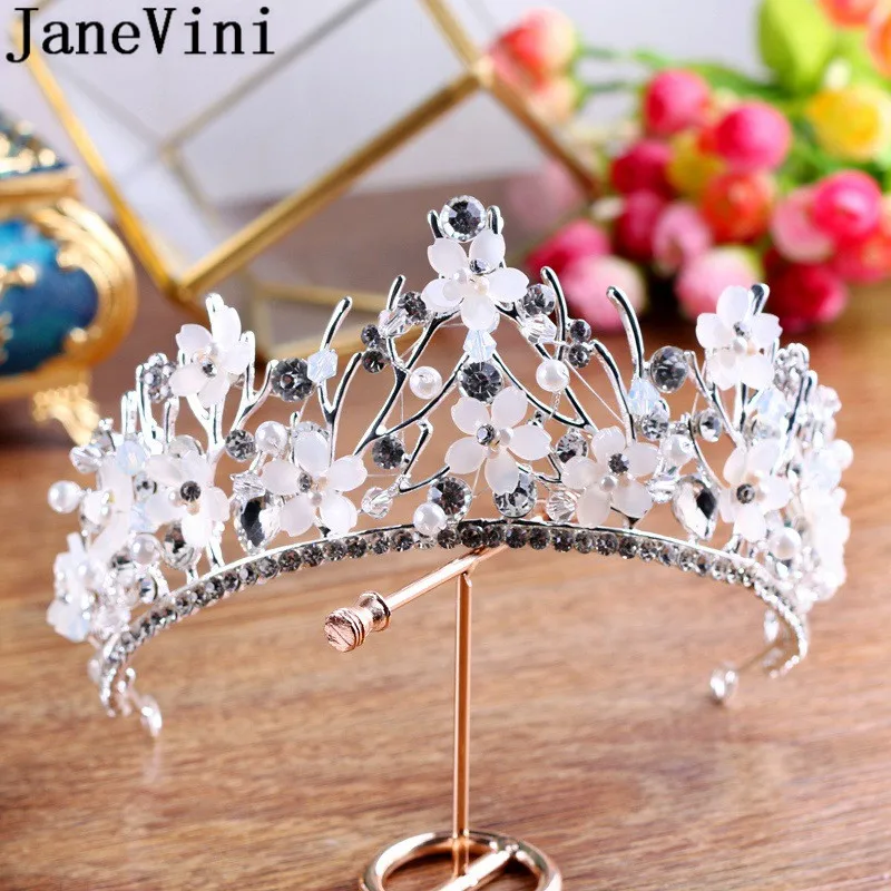 

JaneVini Silver Pearl Flower Bride Head Band Tiara Bridal Crystal Tiaras and Crowns Luxury Hair Jewelry Women Korea Ornaments