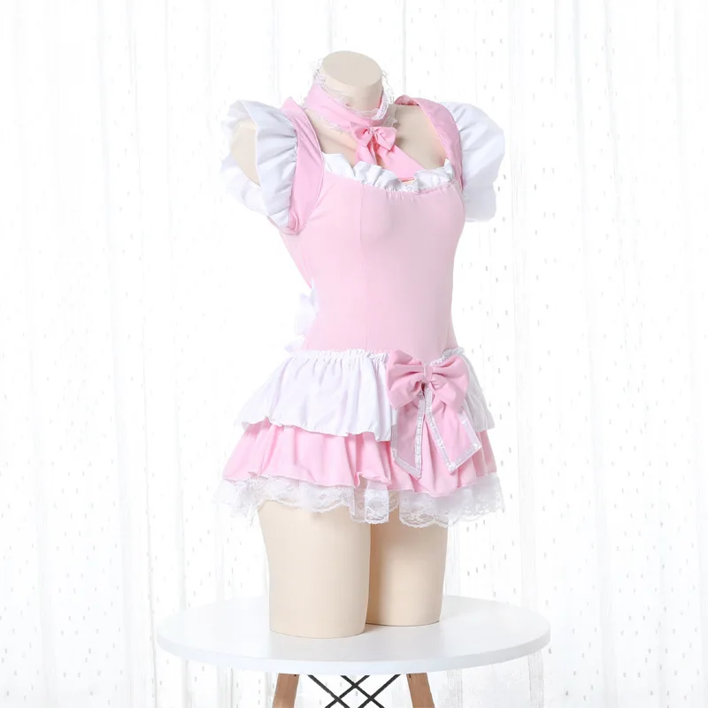 Pink Lolita Women Maid Cosplay Kawaii Apron Servant Costume Babydoll Dress Uniform Erotic Role Play Cute Live Show Sexy Lingerie