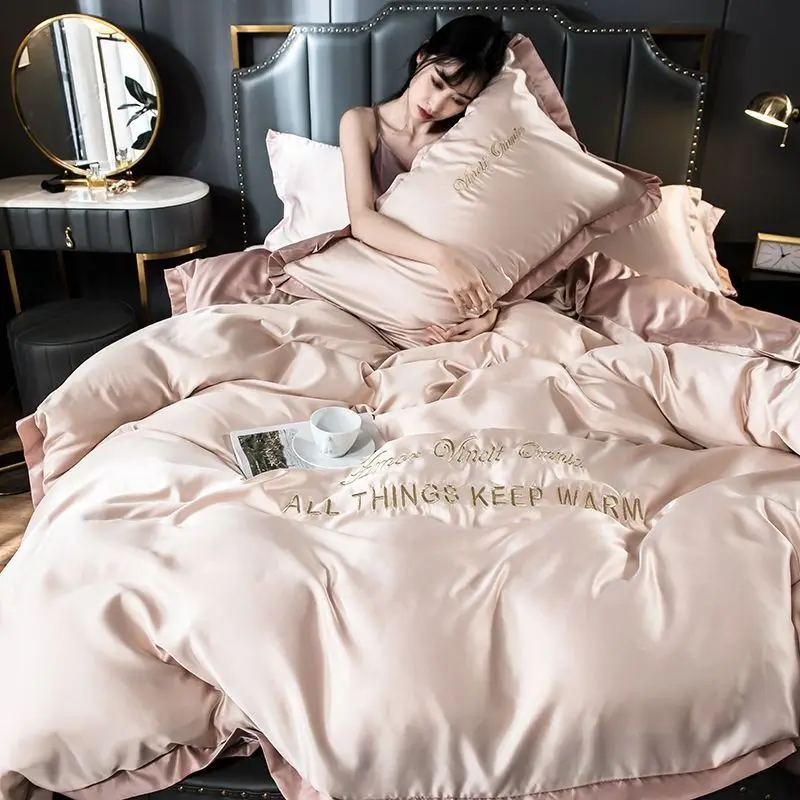 

Two-Color Stitching Ice Silk Letter Embroidery Quilt Cover, Bed Sheet And Pillow Cover, Fashion Bedding Decoration Set