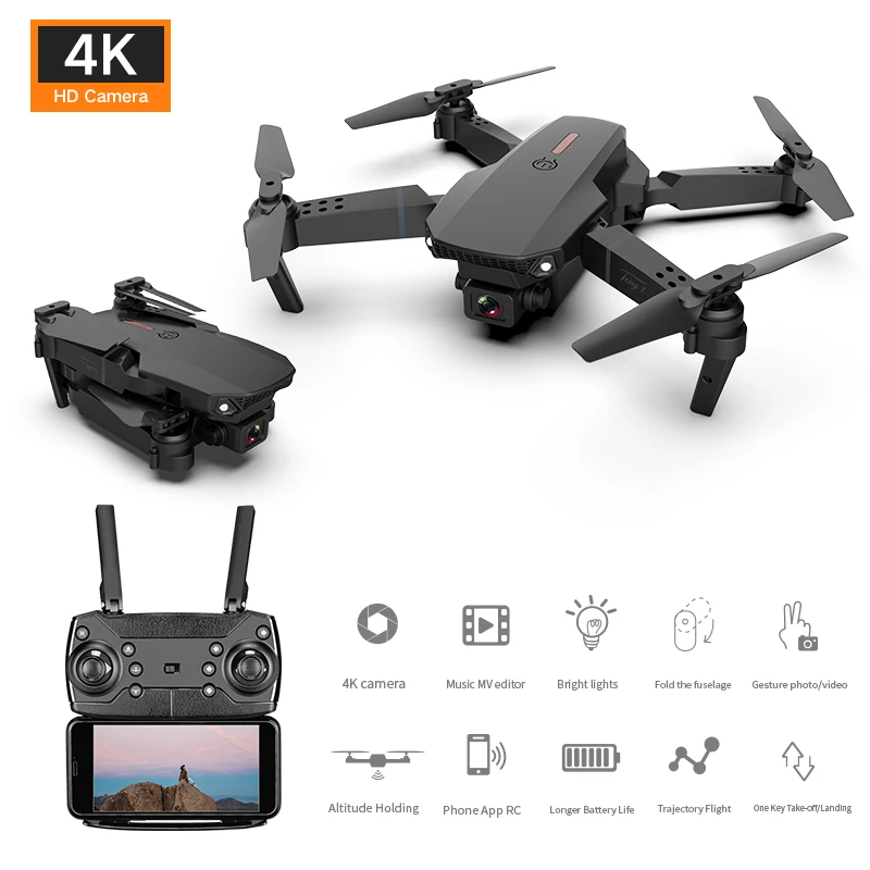 

RC E88 Drone With 4K 1080P Dual Camera HD WIFI FPV Professional Real-Time Transport One-Key Return LED UAV Height Hold Toys