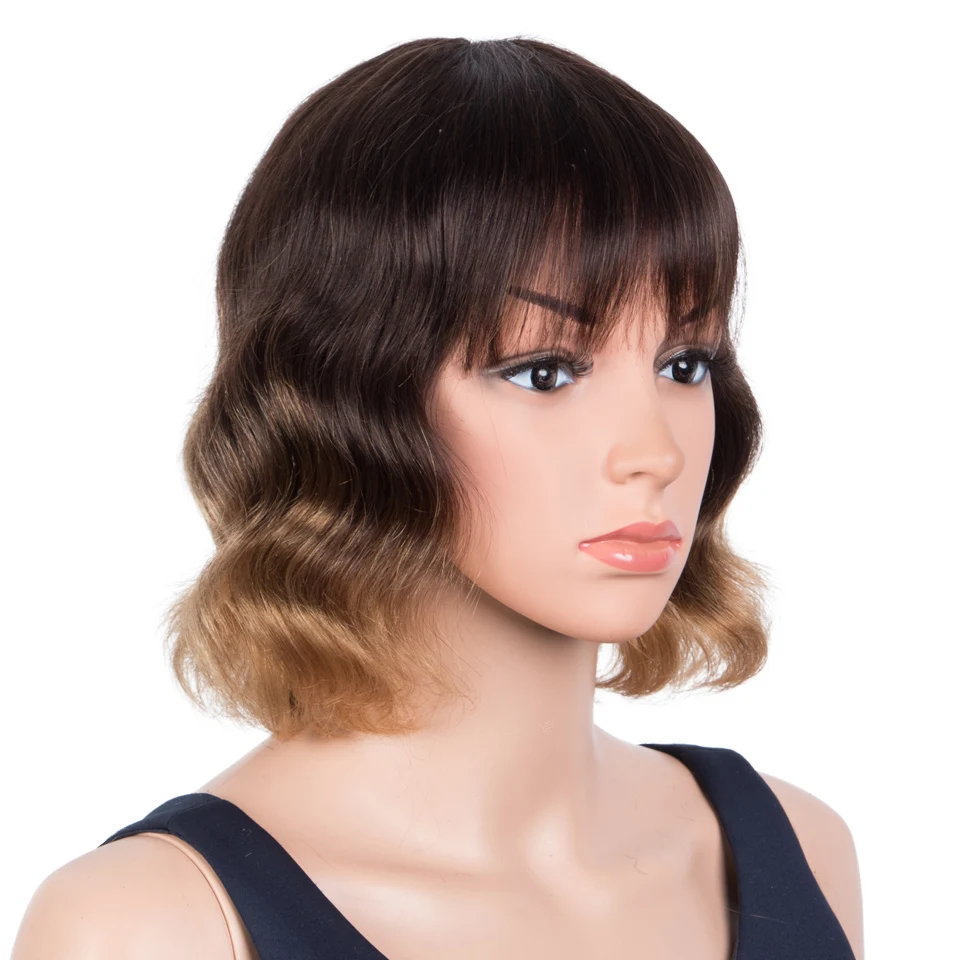 Trueme Short Loose Wave Bob Wig Brazilian Ombre Human Hair Wigs With Bangs Colored Black Blonde Burgundy Blunt Cut Bob Full Wig