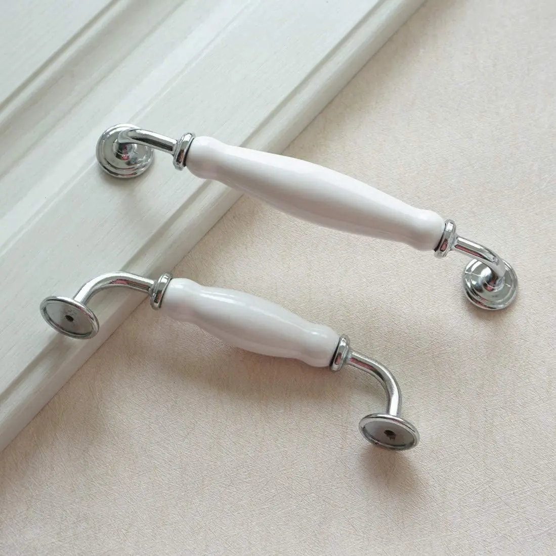 White Ceramic Cabinet Handles Modern Chrome Silver Wardrobe Pulls Round Cupboard Door Knobs Zinc Alloy Furniture Hardware
