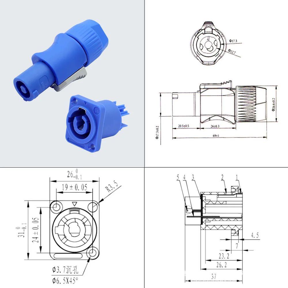 1set Powercon Connector Lockable Cable Connector + Chassis Socket for Electric Drill LED Screen Stage Lighting Power Connecting