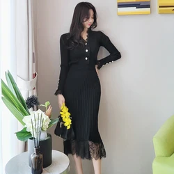 New Winter Knitted Two Piece Set Korean Women V Neck Sweater Cardigan + Bodycon Lace Patchwork Knit Pleated Midi Skirts Suit