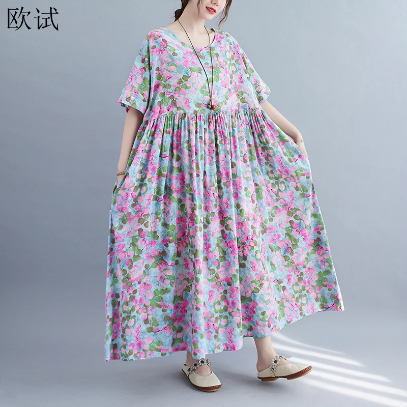 Summer Cotton Korean Floral Dress Women Loose Casual Woman Flower Dresses Long Beach Style New Arrival Ladies Femme Dress 2021