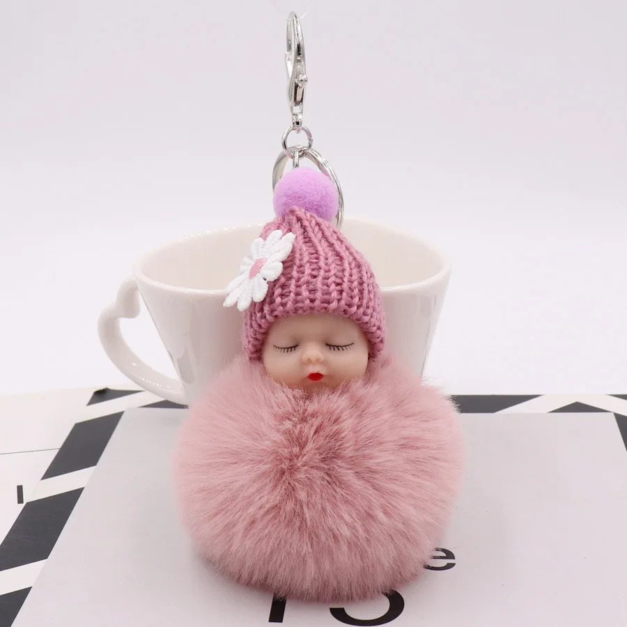 Sleeping Baby Doll Keychain Flower Pom Pom Rabbit Fur Ball Key Chain Fluffy Car Keyring Porte Clef Bag Key Ring