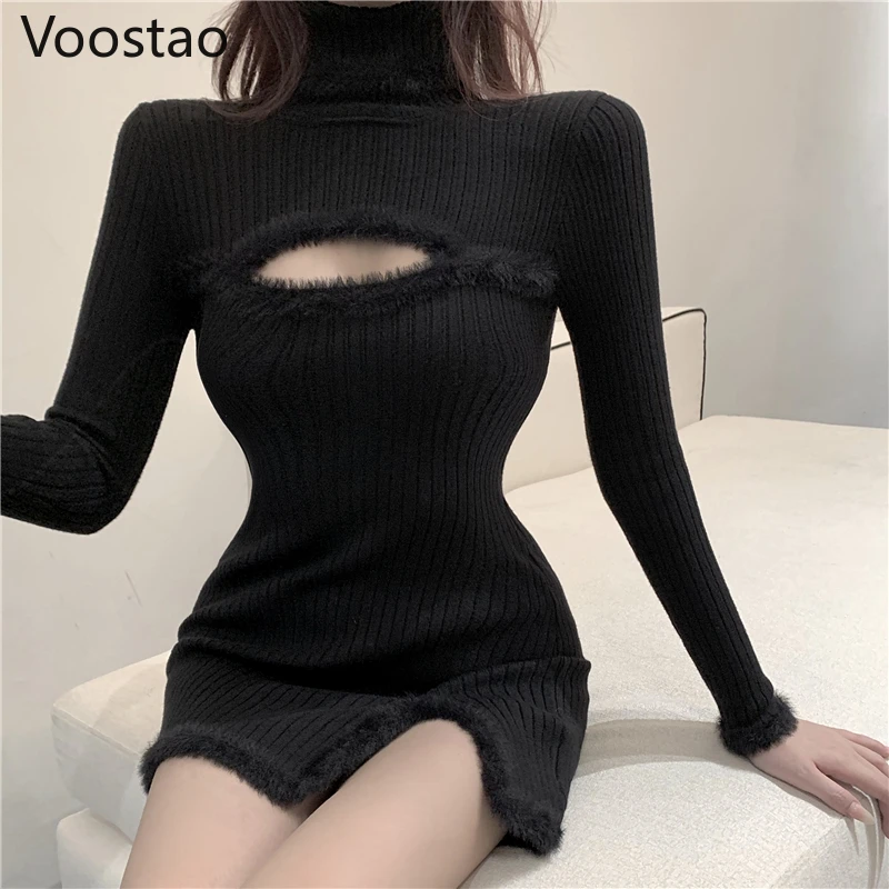 Spring Autumn Tight Split White Turtleneck Knitted Dress Mini Wrap Hip Sexy Slim Black Long Sleeve Hollow Out Sweater Vestidos