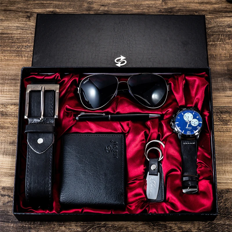 Fashion Men Watch Luxury Gifts Set Sunglasses Top Quality Belt Wrist Watch Wallet Key Ring pen For Men Valentine\'s Christmas