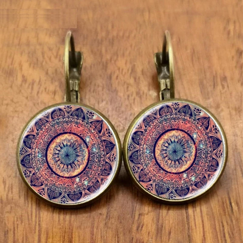 Charm Mandala Earrings Glass Earrings Copper Color, OM Symbol Buddhist Zen Henna Yoga Earrings Women\'s Jewelry