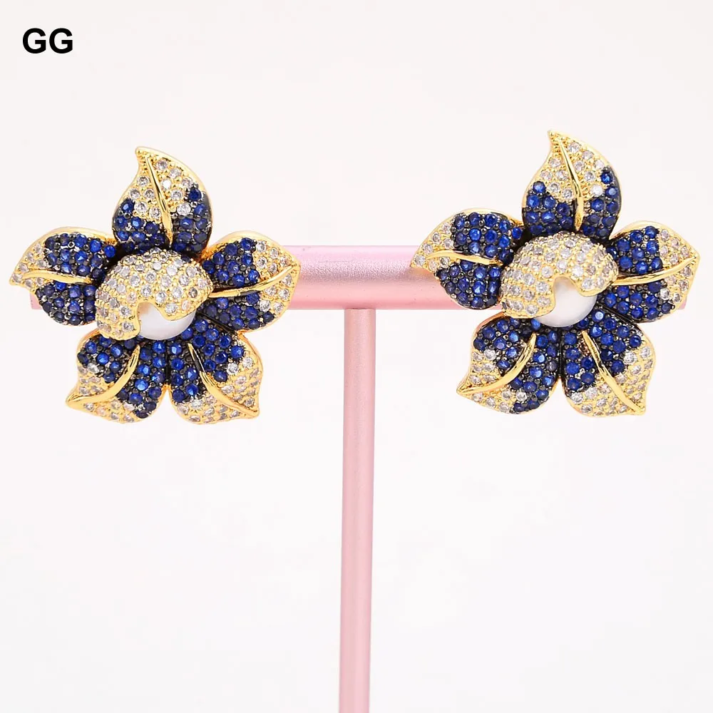 

Natural White Pearl Blue Cz Flower Stud Earrings Women Jewelry Gifts