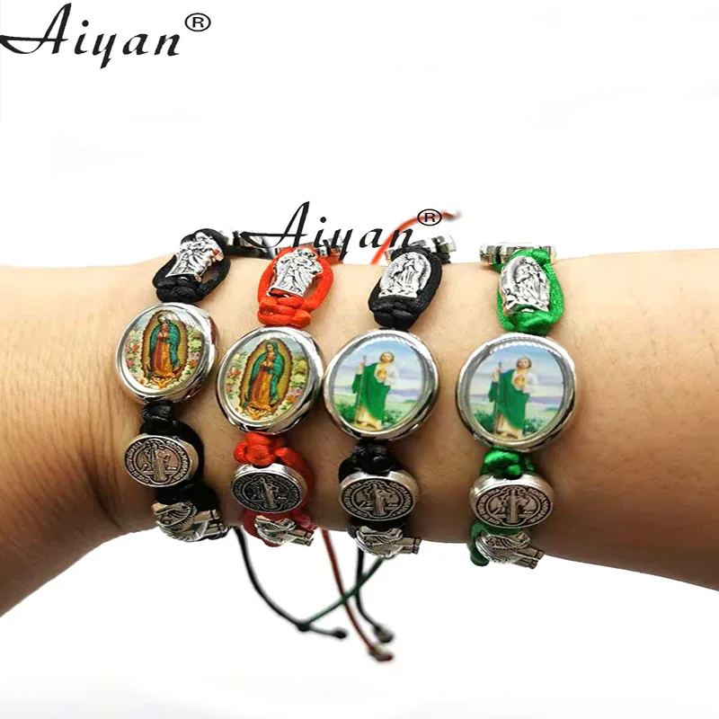 12Pieces San Judas Virgin Mary Saint Benedict Four-Leaf Clover Oval  Double-Sided Drip  Oil  Bracelet Exorcism Protection Effect