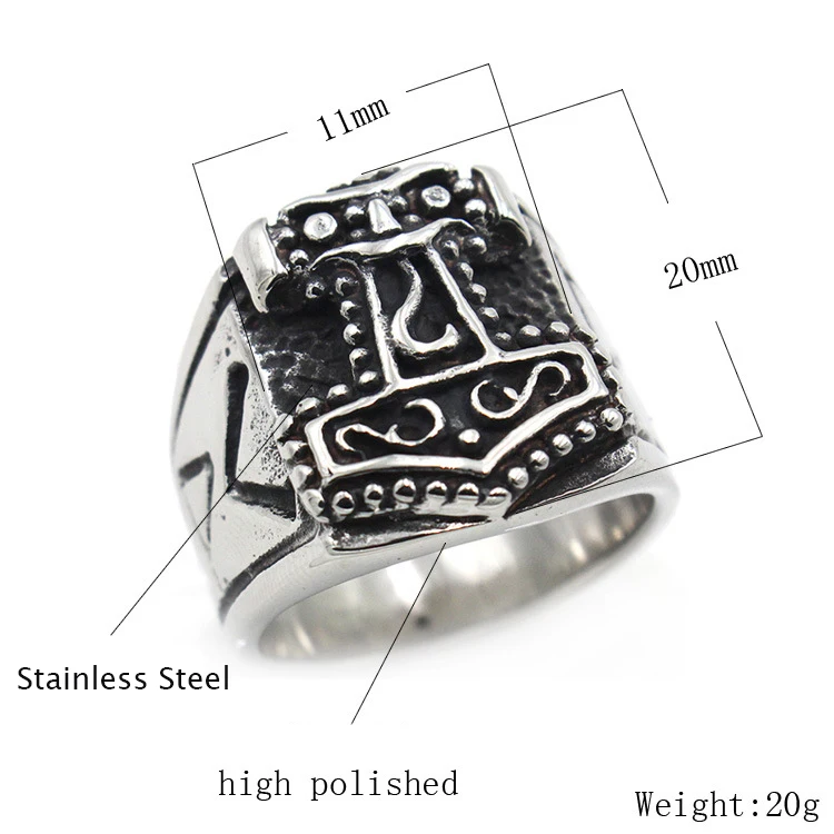 BAECYT Mens Viking Odin Mjolnir Stainless Steel Ring Thor Hammer Runes Amulet Rings Nordic Biker Jewelry Dropshipping 8-15