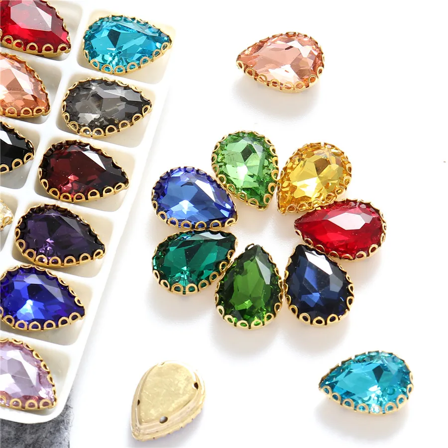 New 5 Sizes Colorful Teardrop Glass Sew On Rhienstones With Golden Base Crystal For Clothing Accessories With Rhinestones