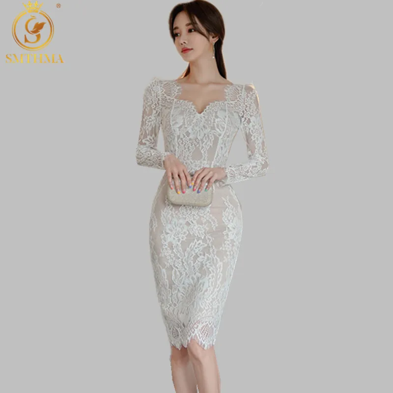 

SMTHMA 2022 New Spring Chic Elegant Women Dress Floral Korean Vintage Vestidos Lace Long Sleeve High Waist Summer Dresses